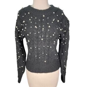 ASTR The Label Crew Neck Black Faux Pearls Knit Sweater Long Sleeve Size Small